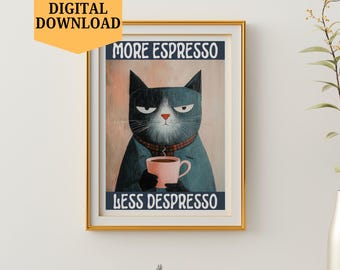 Espresso Cat Art Print: Retro Coffee Poster, Kitchen Decor (Digital Download)
