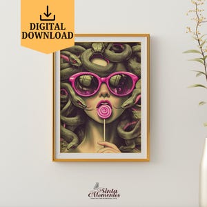 Retro Medusa With Pink Sunglasses Wall Art Digital Download Modern Green Medusa Poster Goddess Medusa Art Deco Greek Mythology Poster