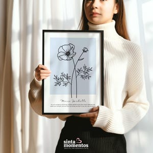 Personalized botanical line art birth flower print shown as a printable digital download file, customized with the recipient’s name and birth month flower. Offered in high-resolution JPEG and PDF formats, this artwork is designed to be printed at home or through a professional print service, making it an affordable, eco-friendly, and meaningful birthday gift that combines beauty and personalization.