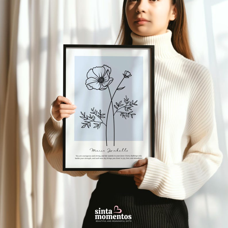 Personalized botanical line art birth flower print shown as a printable digital download file, customized with the recipient’s name and birth month flower. Offered in high-resolution JPEG and PDF formats, this artwork is designed to be printed at home or through a professional print service, making it an affordable, eco-friendly, and meaningful birthday gift that combines beauty and personalization.