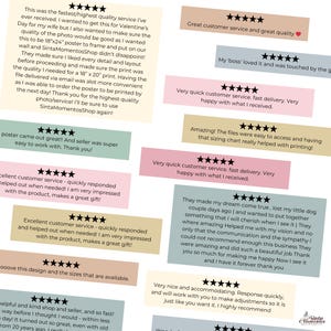 K&ouml;nnte beinhalten: Eine Sammlung positiver Kundenbewertungen f&uuml;r einen digitalen Kunstshop. Die Bewertungen heben den exzellenten Kundenservice, die schnelle Lieferung und die hohe Qualit&auml;t der Produkte hervor. Die Bewertungen werden auf bunten Hintergr&uuml;nden mit F&uuml;nf-Sterne-Bewertungen angezeigt.