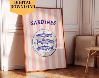 Lámina artística de cocina con sardinas rayadas: decoración costera ecléctica (descarga digital)
