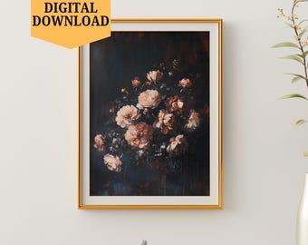 Stimmungsvolle Blumen druckbare Wandkunst, Trendiges Cottagecore Blumendekor, Vintage dunkle Blumenmalerei, dunkler Blumendruck, rustikale Blumenwandkunst