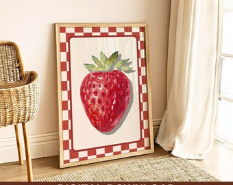Retro Strawberry Art Print, Cottagecore Botanical Fruit Printable, Trendy Kitchen Decor, Strawberries Pattern Print, Fruit Wall Art, Digital