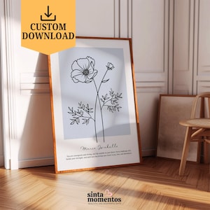 A beautifully designed custom birth flower print displayed in a modern wooden frame, featuring delicate botanical line art paired with a personalized name. Perfect as a thoughtful birthday gift for mom, daughter, or sister, this digital download artwork can be printed instantly and styled in any living room, bedroom, or office, adding a meaningful and timeless floral touch.