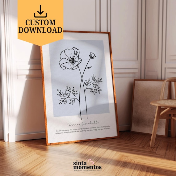 Custom Birth Flower Print Digital Download Personalized Name Birthday Poster Botanical Line Art Wall Art Printable Floral Gifts for Mom