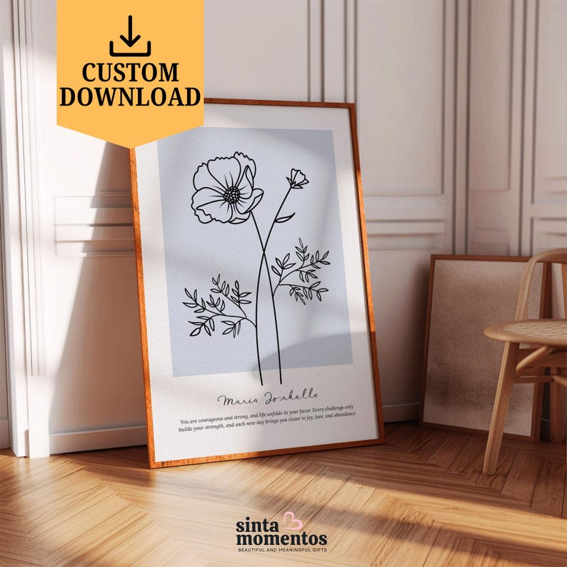 A beautifully designed custom birth flower print displayed in a modern wooden frame, featuring delicate botanical line art paired with a personalized name. Perfect as a thoughtful birthday gift for mom, daughter, or sister, this digital download artwork can be printed instantly and styled in any living room, bedroom, or office, adding a meaningful and timeless floral touch.