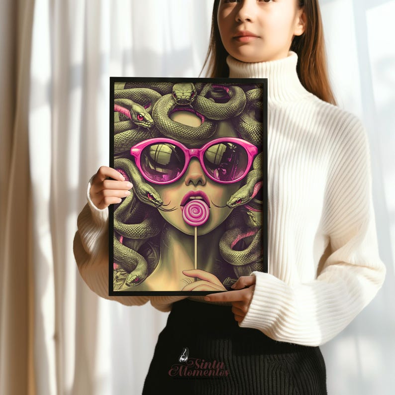 Printable Medusa wall art in a retro art deco style featuring Medusa with pink sunglasses, representing empowerment, rebellion, and modern feminism. This stylish mythology-inspired poster makes a bold addition to home décor, office walls, or dorm rooms. As an instant digital download, it’s an affordable way to add strong women art to your space or gift it to friends who love Greek mythology, feminist icons, or unique pop art wall decor.
