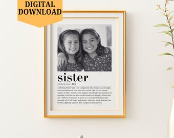 Lámina personalizada con la definición de hermana, póster de collage de fotos personalizado, regalo para ella, decoración de pared para el cumpleaños de tu hermana, descarga digital imprimible SOLAMENTE