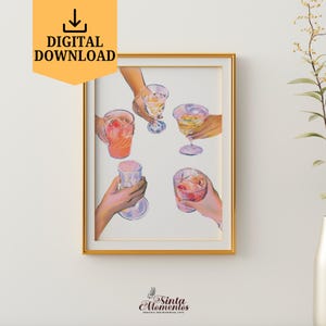 Retro Cheers Printable Wall Art Download digital Bar Cart Print Trendy Wall Art Elegante Bebida Ilustração Happy Hour Cartaz Cheers Sign
