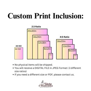 May include: A graphic showing different print sizes available for purchase. The sizes are shown in inches and include A4 ISO, 20x30in, 16x24in, 12x18in, 8x12in, 4x6in, 16x20in, 12x15in, 8x10in, and 4x5in. The text "Custom Print Inclusion" is at the top of the graphic.