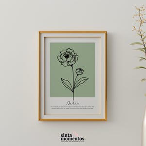 Minimalist birth flower poster featuring personalized name text with hand-drawn botanical line art, styled as printable wall art for home decor. This digital download is ideal for creating a modern yet sentimental accent in a gallery wall, bedroom, or hallway, making it a versatile gift idea for birthdays or a personal keepsake that celebrates someone’s unique birth month flower.