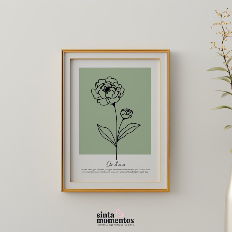 Minimalist birth flower poster featuring personalized name text with hand-drawn botanical line art, styled as printable wall art for home decor. This digital download is ideal for creating a modern yet sentimental accent in a gallery wall, bedroom, or hallway, making it a versatile gift idea for birthdays or a personal keepsake that celebrates someone’s unique birth month flower.
