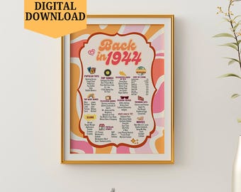 Back in 1944 Birthday Poster, Retro Newspaper Print, Born in 1944 Gift, Fun Facts Party Decor, Printable Digital Download