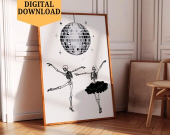 Dancing Skeleton Printable Wall Art | Disco Ball Halloween Digital Download Poster | Spooky Funny Party Wall Decor