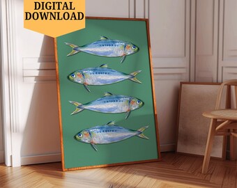 Retro Sardines Wall Art Print Fishing Poster Printable Wall Art Seafood Art Sardine Painting Digital Download Kitchen Wall Decor Fish Print