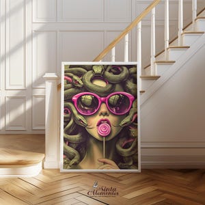 A modern Medusa digital art print designed with retro inspiration, showing Medusa styled with pink sunglasses in a chic and powerful aesthetic. This feminist wall art celebrates strong women while blending Greek mythology with bold contemporary design. Available as an instant digital download, this Medusa poster is perfect for art lovers, mythology enthusiasts, or anyone looking for statement wall décor for bedrooms, studios, or creative living spaces.