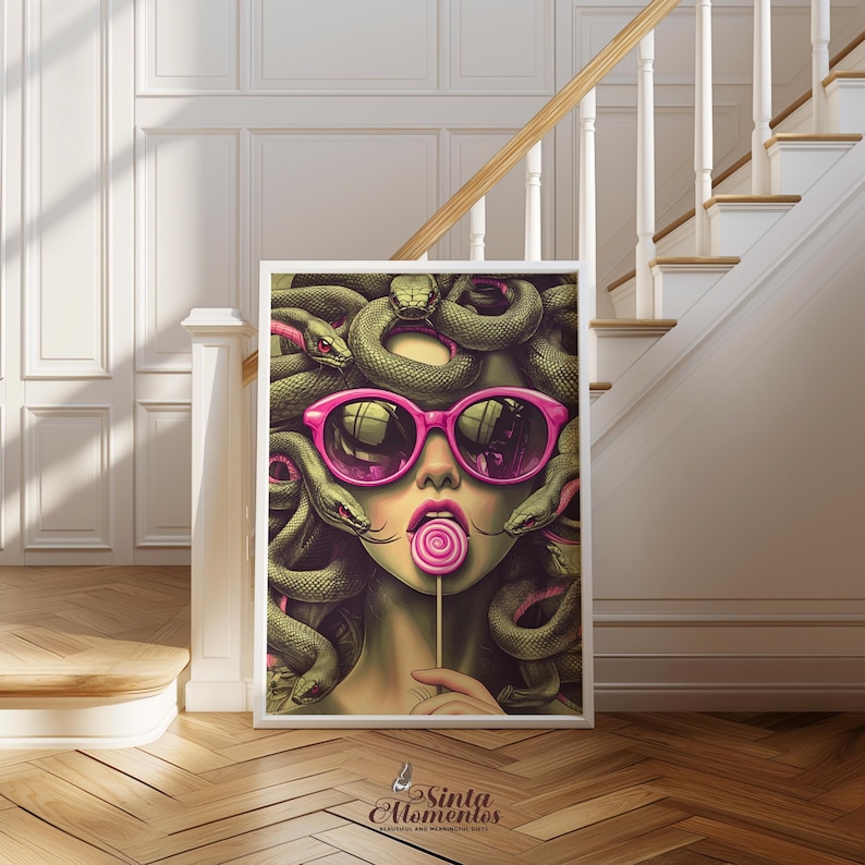 A modern Medusa digital art print designed with retro inspiration, showing Medusa styled with pink sunglasses in a chic and powerful aesthetic. This feminist wall art celebrates strong women while blending Greek mythology with bold contemporary design. Available as an instant digital download, this Medusa poster is perfect for art lovers, mythology enthusiasts, or anyone looking for statement wall décor for bedrooms, studios, or creative living spaces.