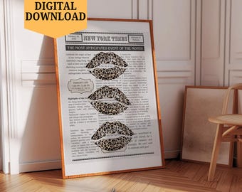Kiss Lips Wall Art Print Trendy Newspaper Aesthetic Room Decor Printable Wall Art Digital Download Girly Wall Art Leopard Kiss Lips Wall Art