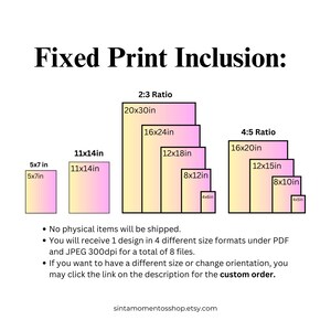 May include: A graphic showing the different sizes of printable designs offered. The sizes are 5x7 inches, 11x14 inches, 20x30 inches, 16x24 inches, 12x18 inches, 8x12 inches, 4x6 inches, 16x20 inches, 12x15 inches, 8x10 inches, and 4x5 inches. The graphic is labeled "Fixed Print Inclusion" and shows two ratios: 2:3 and 4:5.