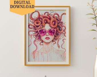Impresión de Medusa rosa, póster de mitología griega, descarga digital, diosa Medusa, decoración de pared, arte de pared imprimible, Medusa con gafas de sol, regalos, Medusa