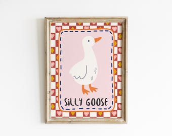 Silly Goose Nursery Printable Wall Art | Cute Farm Animal DIGITAL ONLY | Cottagecore Retro Baby Room Decor Gift
