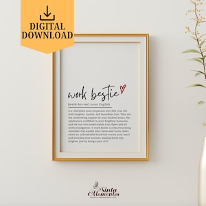 以下が含まれることがあります： 金色のフレームに入った「ワーク・ベスティ」の定義のデジタルダウンロード。この定義は、ワーク・ベスティを、笑い、忠誠心、そして無限の愛であなたの人生を満たしてくれる大切なソウルメイトと説明しています。テキストは白地に白で書かれています。