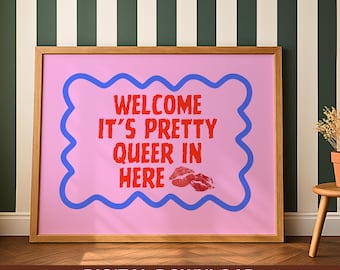 Queer Pride Printable Wall Art | It's Pretty Queer In Here Print Digital Download | Gay Lesbian Vintage Aesthetic Room Decor Gift