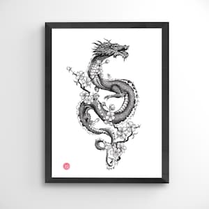 7 Print - Chinese Golden Dragon - Black & White, Poster, Decor, Art, Japanese, Gift, Print, Drawing