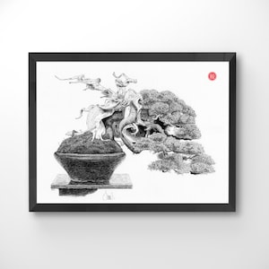2 Bonsáis de enebro Shimpaku - han-kengai, semi-cascada, Póster, Decoración, Arte, Japonés, Regalo, Impresión, Dibujo
