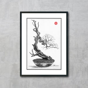 Bonsái de hoja caduca en invierno, póster, decoración, arte japonés, regalo, impresión, dibujo