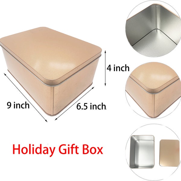 Boîte en fer blanc en métal de couleur dorée avec couvercles, très grand récipient, pour garder et organiser un petit article, 9 « X 6.5 » X 4 », idéal pour la boîte cadeau de vacances
