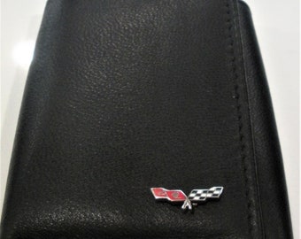 Corvette / Chevrolet Racing Flags vintage Top Grain Black Leather Trifold Wallet, RFID Protected Great Gift, Cadeau de Noël, Fête des pères,