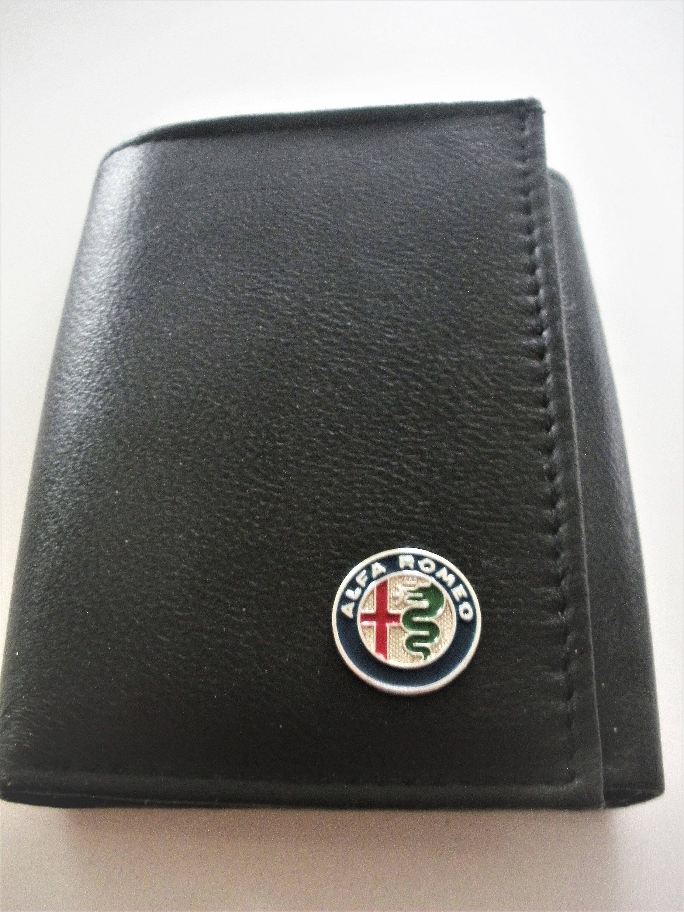 Alfa Romeo Top Grain Black Leather Trifold Wallet, RFID Protected Great Gift for Birthdays, Christmas , Father's Day, New Car Gift