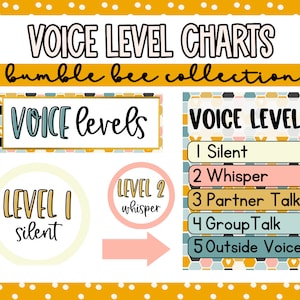 May include: A set of voice level charts for classroom use. The charts feature a bumble bee theme with a geometric pattern. The chart includes five voice levels: silent, whisper, partner talk, group talk, and outside voices.