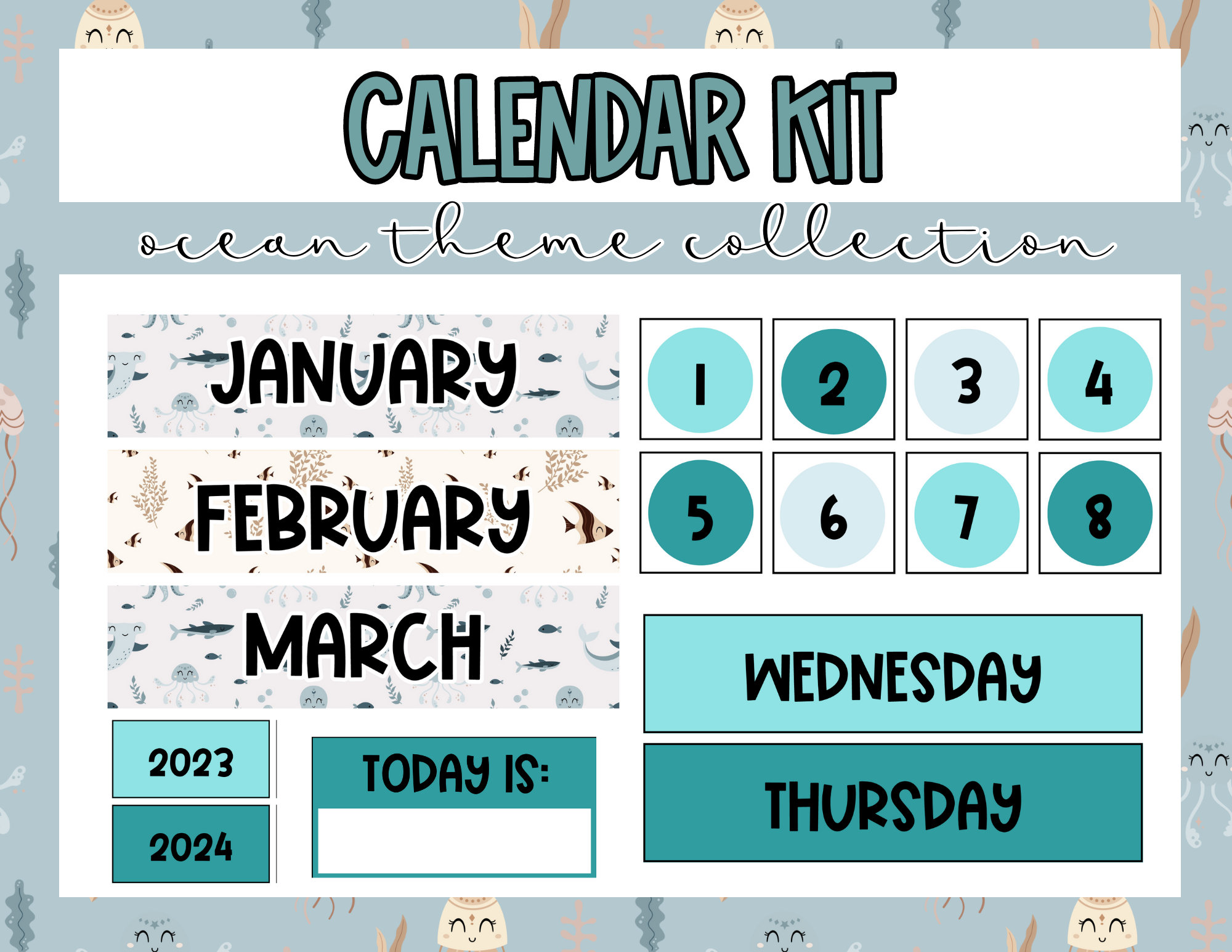 Ocean Theme Calendar Set 2024-2025 by Classroom Integrations