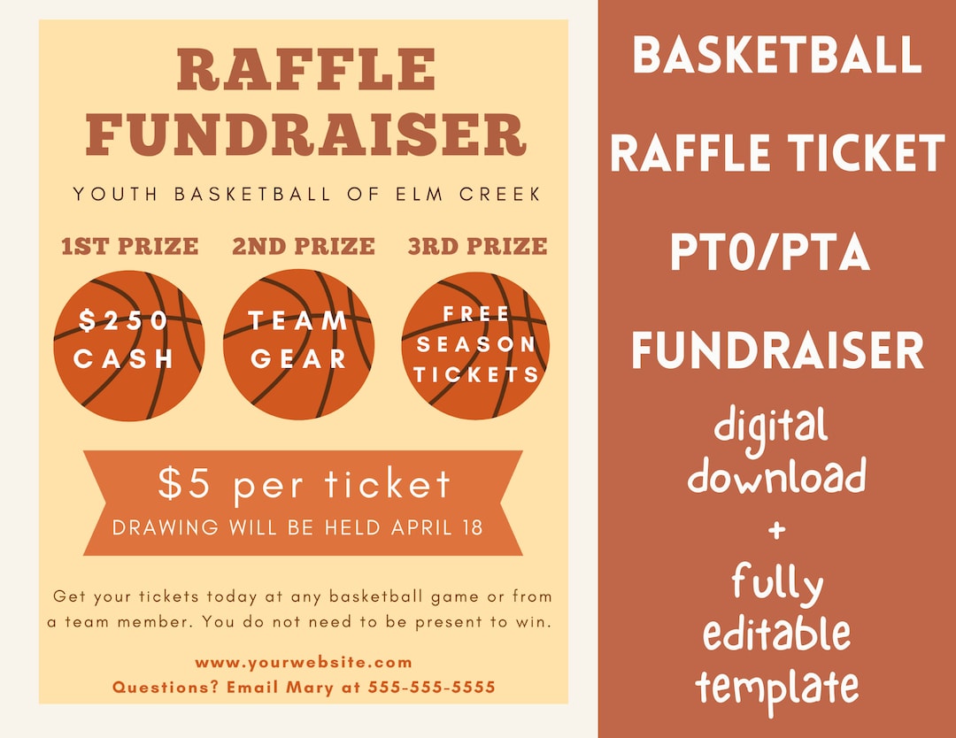 Basketball RAFFLE Fundraiser Editable Template for PTO and PTA. Flyer