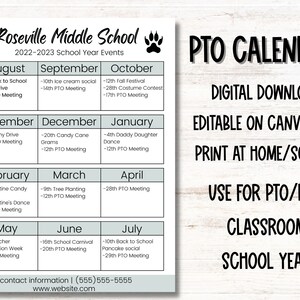 Eventos simples del calendario anual y mensual de PTO/PTA para el año escolar / Folleto editable para eventos de la PTA