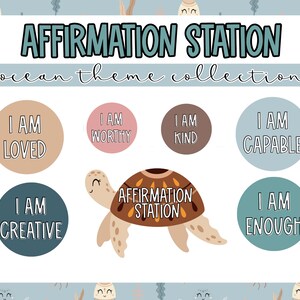 May include: A blue and white affirmation station with a sea turtle design. The affirmations are: I am loved, I am worthy, I am kind, I am capable, I am creative, I am enough.