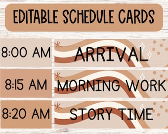 Tarjetas de horarios editables para la organización del aula BOHO, el tablón de anuncios y la escuela en casa