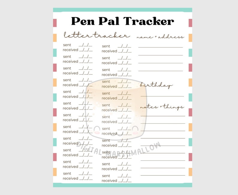 Printable Pen Pal Letter Tracker for Snail Mail - Etsy