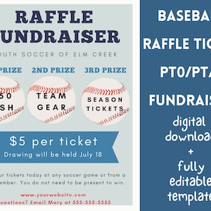 Baseball RAFFLE Fundraiser Edytowalny szablon dla PTO i PTA. Ulotka dla szkolnych wydarzeń sportowych i społecznościowych dla młodzieży. Edytowalny szablon diy