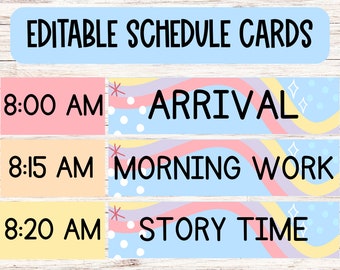 Tarjetas de horarios editables para la organización del aula en colores pastel, el tablón de anuncios y la escuela en casa