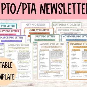 Boletines informativos anuales y mensuales simples de PTO/PTA para el año escolar / Folleto editable para el evento de la PTA