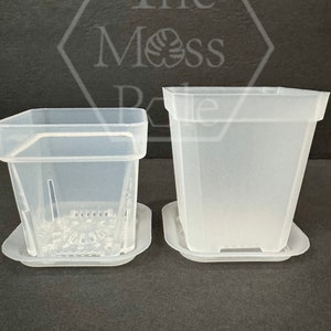 May include: Two clear plastic square plant pots with drainage holes and a square base. The pot on the left has a gridded insert for drainage.