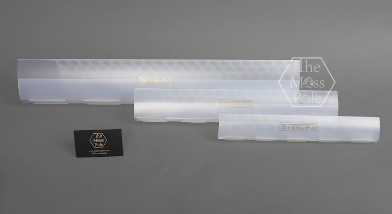 May include: Three clear plastic storage containers with a honeycomb pattern on the top and the text "The Moss Pole" printed on the front of each container.