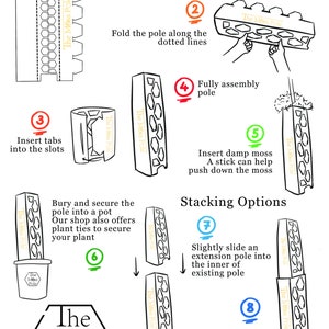 May include: Illustrated instructions for assembling a moss pole for plants. The steps include folding the pole, inserting tabs into slots, adding damp moss, and stacking multiple poles. The final image shows a fully assembled moss pole with a plant in a pot.