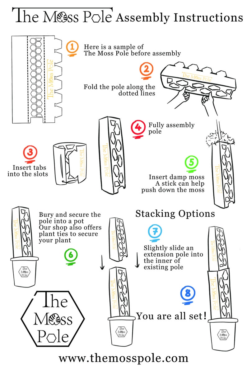 May include: Illustrated instructions for assembling a moss pole for plants. The steps include folding the pole, inserting tabs into slots, adding damp moss, and stacking multiple poles. The final image shows a fully assembled moss pole with a plant in a pot.