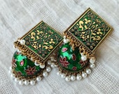 Green Painted Jhumka Earrings: Antique Boho Wedding Jewelry