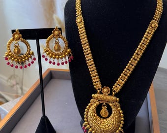 Indian Brass Jewelry Set: Necklace and Earrings